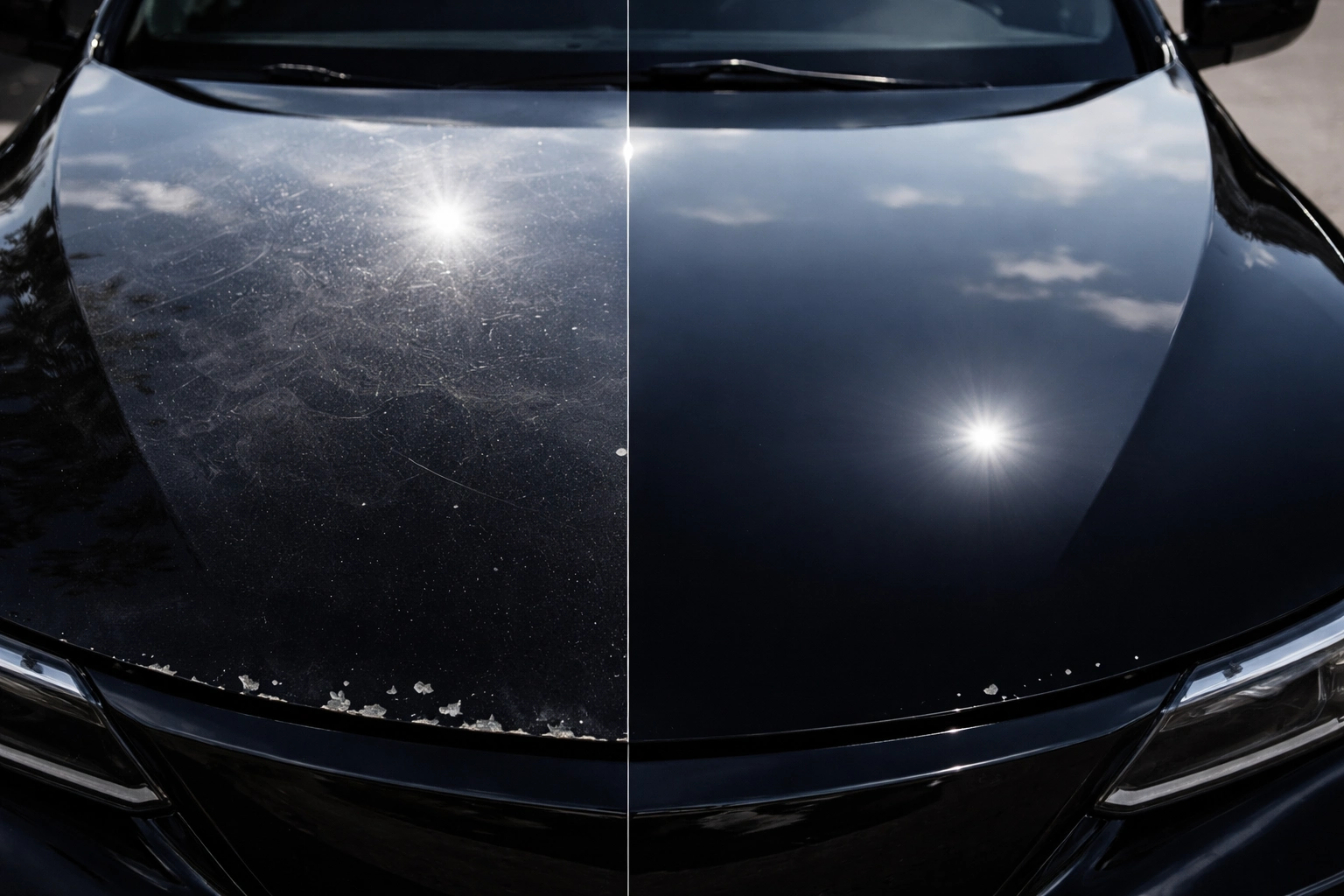 Side-by-side comparison showing car damage without PPF versus protected paint with PPF