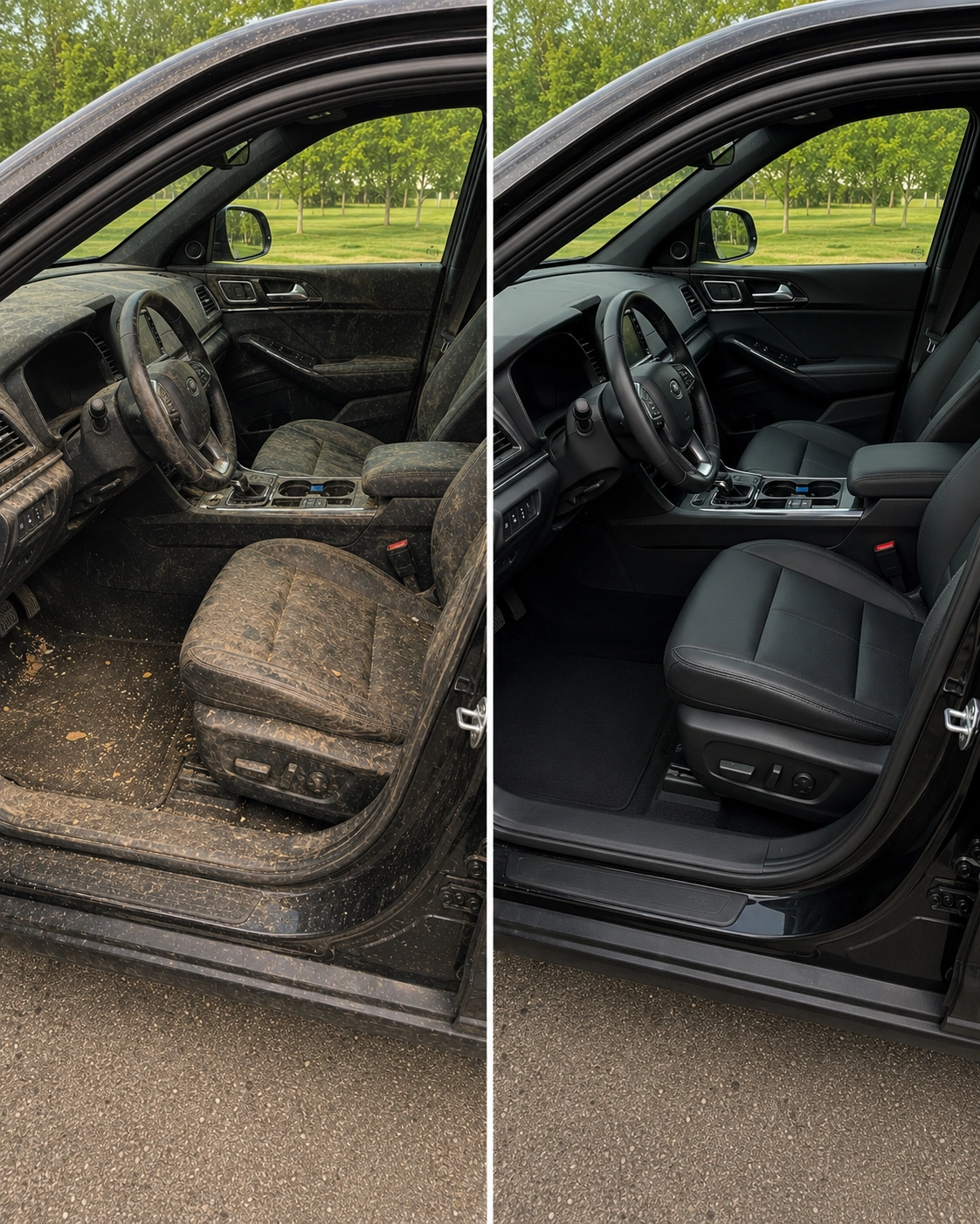 Before and after of an Upstate SUV interior detail