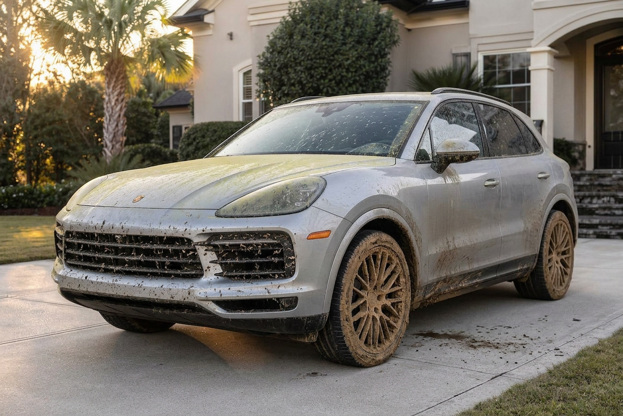 Before: dirty SUV in the driveway