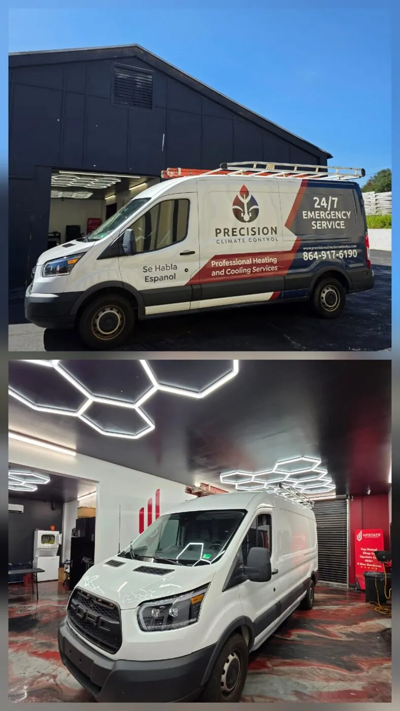 Precision Climate Control van, plain white before and fully wrapped after