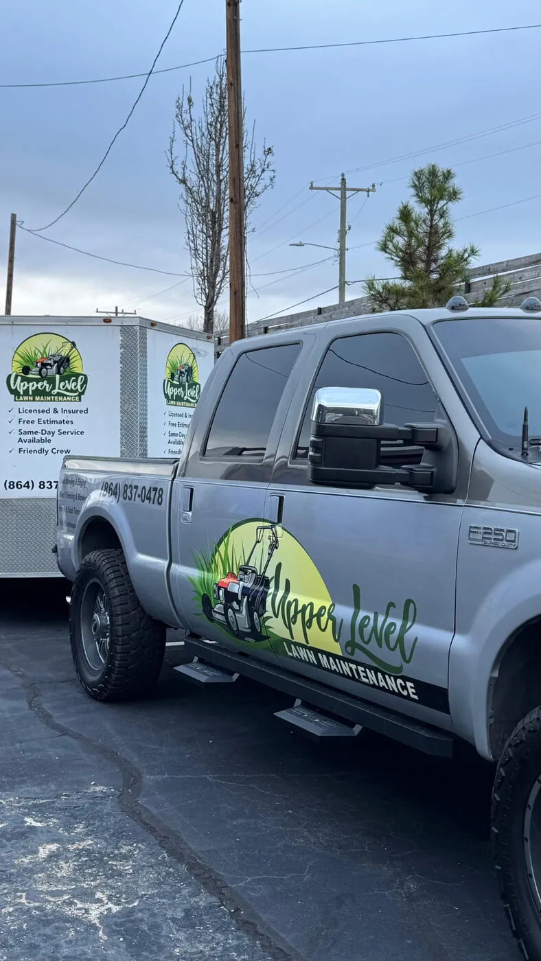 Upper Level Lawn Maintenance F-250 + trailer wrap by Upstate Auto Styling