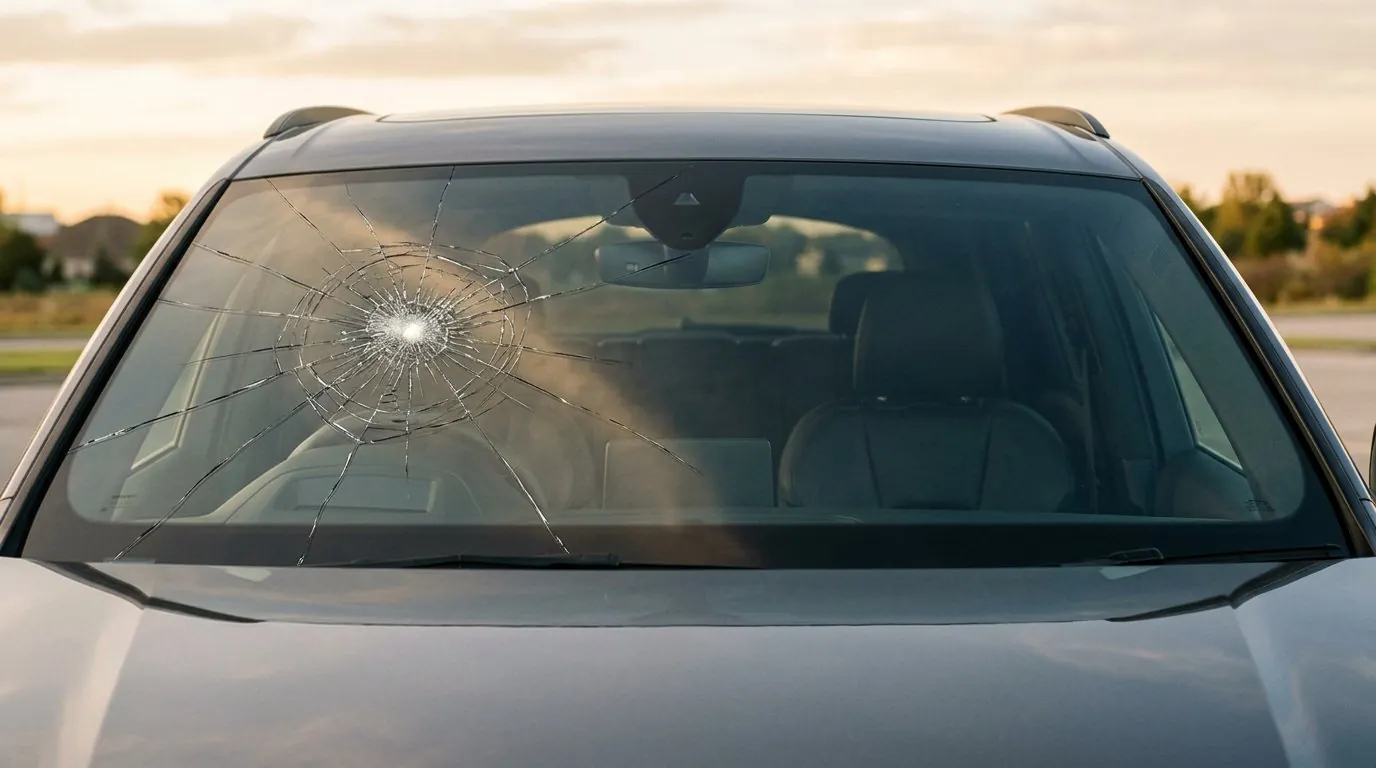 Windshield: left half cracked from a rock with bare glass, right half protected by XPEL film